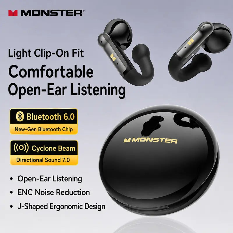MONSTER Open-Ear Clip-On Earbuds – Bluetooth Wireless Headphones, Lightweight Comfort Fit for Calls, Music & Workouts